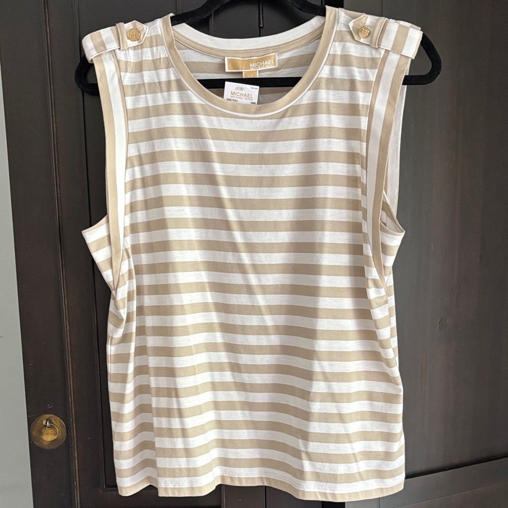 Michael Kors Beige and White Striped Sleeveless Tank with Button Shoulder Tabs